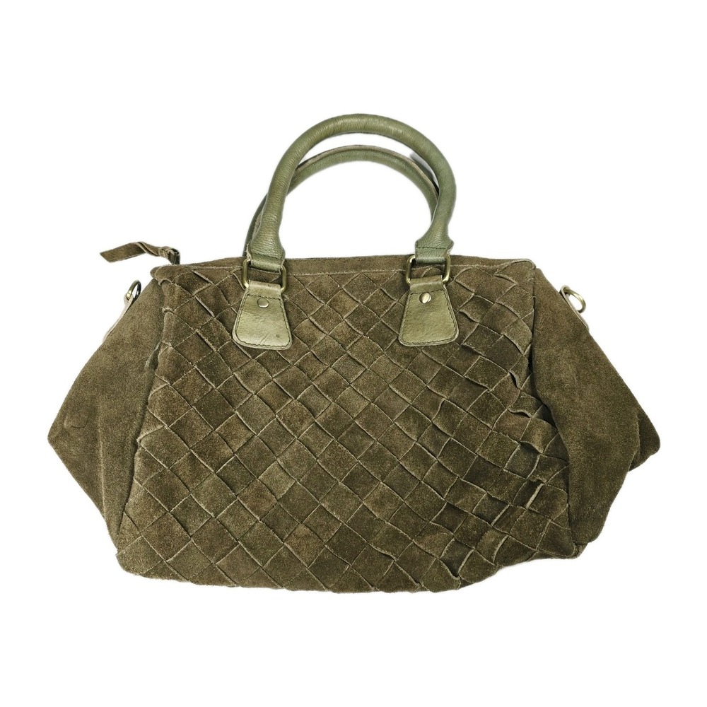Woven Suede Leather Satchel Bag Olive Green Handbag Basket Weave Barrel Tote